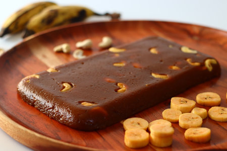 Freshly baked banana halwa in a tray, just out of the oven