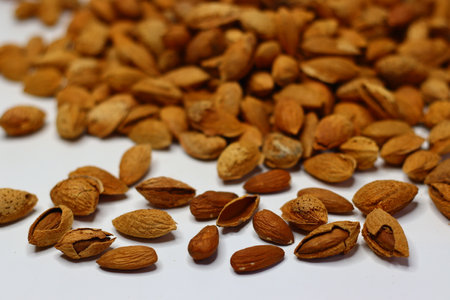 Raw almonds with shells scattered on a white surface, showcasing their natural texture and earthy tones. Packed with healthy fats, protein and vitamins, almonds support heart health and brain functionの写真素材