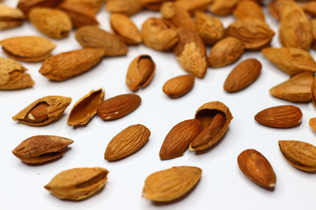 Raw almonds with shells scattered on a white surface, showcasing their natural texture and earthy tones. Packed with healthy fats, protein and vitamins, almonds support heart health and brain functionの写真素材