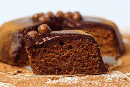Rich, moist chocolate cake slice topped with glossy chocolate ganache and crunchy chocolate coated nuts. Made with premium cocoa and almonds, offering antioxidants and healthy fatsの写真素材
