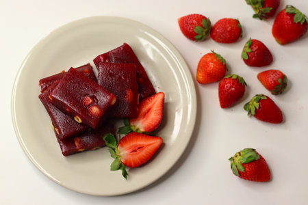 Strawberry halwa, a smooth Indian dessert with a rich pink hue. Served in a traditional bowl, it has a glossy texture and is garnished with chopped nuts. A delicious, festive treat with vibrant appealの写真素材