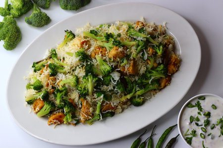 Broccoli Chicken Rice with Raita. A nutritious meal featuring tender stir fried chicken, fresh broccoli, and fluffy rice, served with creamy raita. Packed with protein, fiber, and cooling flavorsの写真素材
