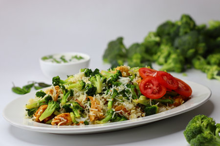 Broccoli Chicken Rice with Raita. A nutritious meal featuring tender stir fried chicken, fresh broccoli, and fluffy rice, served with creamy raita. Packed with protein, fiber, and cooling flavorsの写真素材