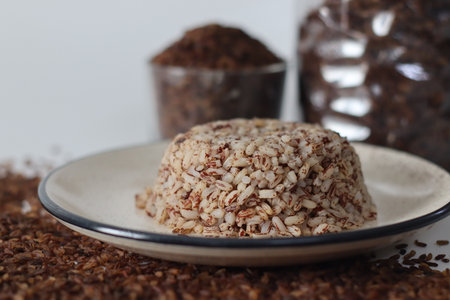 Choru presented in a dome shaped serving, featuring Niranam rice. A Kerala staple of cooked rice, commonly enjoyed in homes. Ideal for themes of tradition, simplicity, and regional cuisineの写真素材