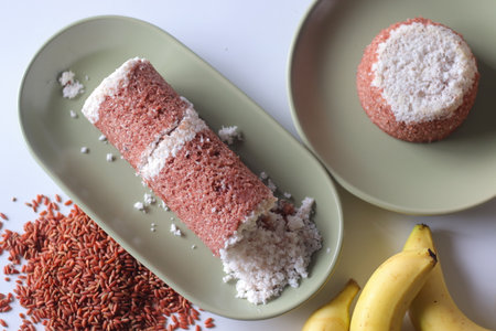 Navara rice puttu, cylindrical and dome shaped steamed rice cake with Navara rice grains