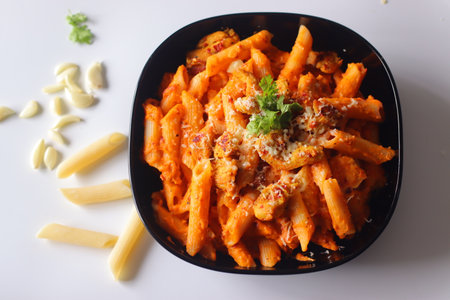 Red Sauce pasta. Creamy penne pasta in rich red sauce, topped with grilled chicken, cheese, chili flakes, and cilantro. Surrounded by raw pasta and garlic. Vibrant, appetizing food stylingの写真素材