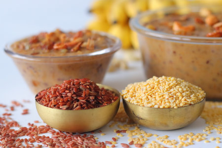 Navara rice kheer made with red rice, moong dal, jaggery, and coconut milk, garnished with fried...