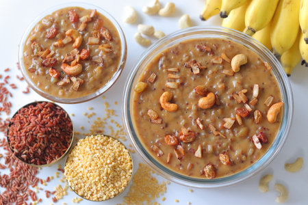 Navara rice kheer made with red rice, moong dal, jaggery, and coconut milk, garnished with fried...