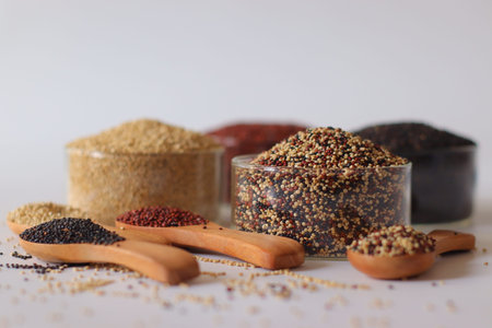 Tricolor quinoa made by mixing white, red and black quinoa seeds. Nutritious gluten free whole...