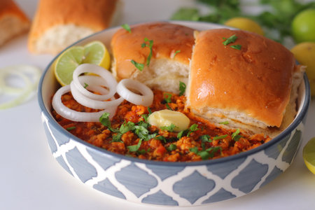 Indian Chicken Keema Pav with Buttered Bread Rollsの写真素材