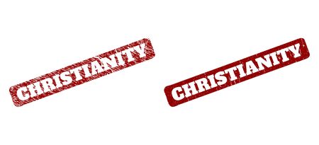 Flat vector CHRISTIANITY rubber imitation with grunge surface. Rounded rough rectangle stamp. Red grunge stamp with CHRISTIANITY message inside rounded rough rectangle.のイラスト素材