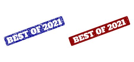 Flat vector BEST OF 2021 watermarks with corroded surfaces. Rounded Rectangle watermarks. Red and blue distress seal stamps with BEST OF 2021 caption inside rounded rectangle.のイラスト素材