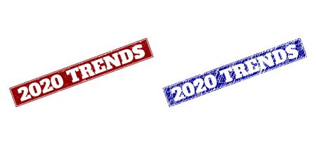 Rectangle 2020 TRENDS watermarks. Blue and red grunge watermarks with 2020 TRENDS phrase inside rectangle with border. Flat vector watermarks with corroded surfaces.のイラスト素材