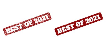 Flat vector BEST OF 2021 rubber imitation with grunged surface. Rounded rough rectangle seal stamp. Red grunge seal stamp with BEST OF 2021 phrase inside rounded rough rectangle.のイラスト素材