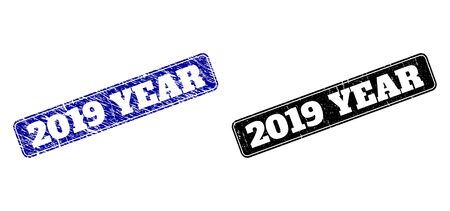 Rounded Rectangle 2019 YEAR seal stamps. Black and blue scratched watermarks with 2019 YEAR message inside rounded rectangle with border. Flat vector watermarks with scratched textures.のイラスト素材