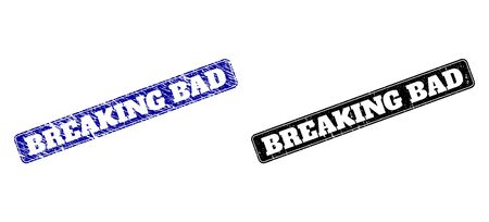 Rounded Rectangle BREAKING BAD watermarks. Black and blue distress watermarks with BREAKING BAD message inside rounded rectangle with border. Flat vector rubber imitations with distress styles.のイラスト素材