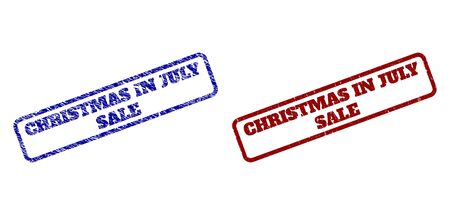 Rounded rectangle CHRISTMAS IN JULY SALE stamps. Blue and red distress stamps with CHRISTMAS IN JULY SALE phrase inside rounded rectangle frame. Flat vector imprints with corroded textures.のイラスト素材