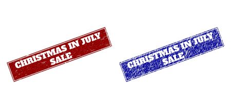 Rectangle CHRISTMAS IN JULY SALE seal stamps. Blue and red scratched seal stamps with CHRISTMAS IN JULY SALE caption inside rectangle with border. Flat vector imprints with unclean textures.のイラスト素材