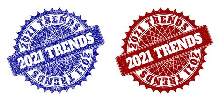 Rounded 2021 TRENDS seal stamps. Blue and red distress seal stamps with 2021 TRENDS phrase inside rounded rosette. Flat vector rubber imitations with grunge surfaces.のイラスト素材