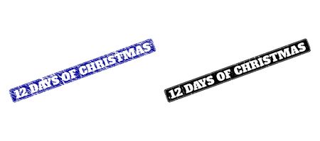 Rounded Rectangle 12 DAYS OF CHRISTMAS seals. Black and blue scratched watermarks with 12 DAYS OF CHRISTMAS phrase inside rounded rectangle with frame. Flat vector watermarks with corroded styles.のイラスト素材