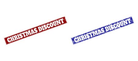 Rectangle CHRISTMAS DISCOUNT seals. Blue and red textured seals with CHRISTMAS DISCOUNT text inside rectangle with border. Flat vector watermarks with grunged surfaces.のイラスト素材