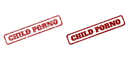 Rectangle rough CHILD PORNO watermarks. Red textured watermarks with CHILD PORNO caption inside rounded rectangle rough frame. Flat vector watermarks with corroded textures.のイラスト素材