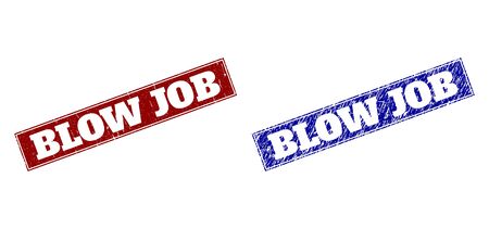 Rectangle BLOW JOB watermarks. Blue and red scratched watermarks with BLOW JOB message inside rectangle with border. Flat vector watermarks with grunge styles.のイラスト素材