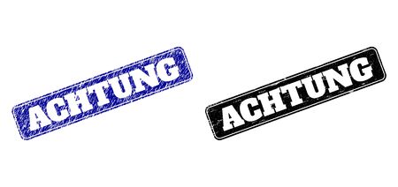 Rounded Rectangle ACHTUNG seals. Black and blue distress seals with ACHTUNG phrase inside rounded rectangle with border. Flat vector watermarks with distress styles.のイラスト素材