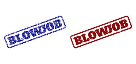 Rounded rectangle BLOWJOB seal stamps. Blue and red textured seal stamps with BLOWJOB message inside rounded rectangle frame. Flat vector watermarks with scratched textures.のイラスト素材