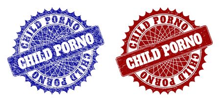 Round CHILD PORNO seal stamps. Blue and red grunge seal stamps with CHILD PORNO message inside round rosette. Flat vector imprints with corroded styles.のイラスト素材