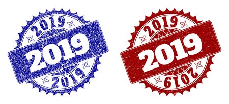 Round 2019 seal stamps. Blue and red distress seal stamps with 2019 phrase inside round rosette. Flat vector imprints with corroded styles.のイラスト素材