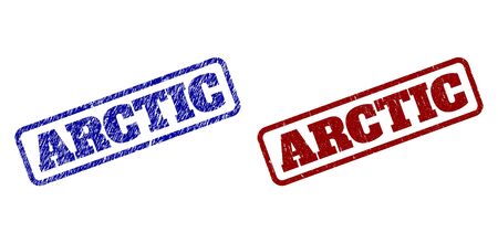 Rounded rectangle ARCTIC seals. Blue and red scratched seals with ARCTIC text inside rounded rectangle frame. Flat vector rubber imitations with scratched styles.のイラスト素材