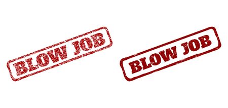Rectangle rough BLOW JOB seals. Red grunge watermarks with BLOW JOB text inside rounded rectangle rough frame. Flat vector watermarks with grunge styles.のイラスト素材