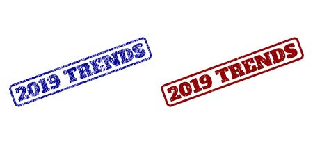 Rounded rectangle 2019 TRENDS seal stamps. Blue and red distress seal stamps with 2019 TRENDS title inside rounded rectangle frame. Flat vector imprints with corroded surfaces.のイラスト素材
