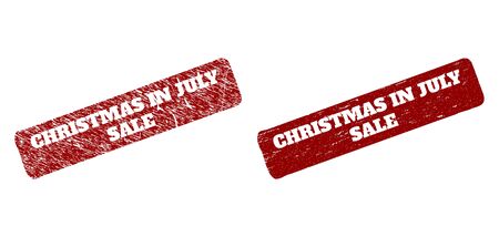 Flat vector CHRISTMAS IN JULY SALE watermark with grunge surface. Rounded rough rectangle seal stamp. Red scratched seal stamp with CHRISTMAS IN JULY SALE phrase inside rounded rough rectangle.のイラスト素材
