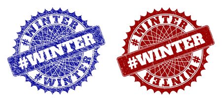 Round #WINTER stamps. Blue and red textured watermarks with #WINTER phrase inside round rosette. Flat vector watermarks with distress styles.のイラスト素材