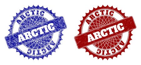 Round ARCTIC seal stamps. Blue and red textured seal stamps with ARCTIC caption inside rounded rosette. Flat vector watermarks with grunged textures.のイラスト素材