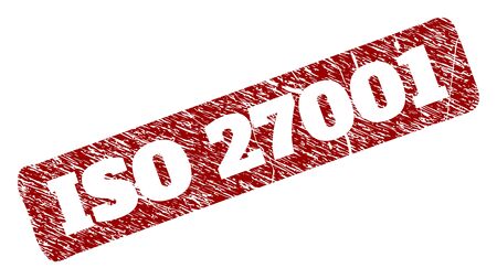Flat vector ISO 27001 rubber imitation with grunge style. Rounded rough rectangle stamp. Red scratched stamp with ISO 27001 title inside rounded rough rectangle.のイラスト素材