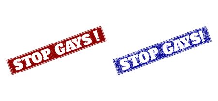 Rectangle STOP GAYS! seal stamps. Blue and red textured seal stamps with STOP GAYS! message inside rectangle with border. Flat vector imprints with grunge styles.のイラスト素材