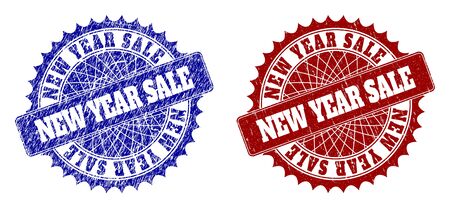 Rounded NEW YEAR SALE seal stamps. Blue and red scratched seal stamps with NEW YEAR SALE message inside round rosette. Flat vector rubber imitations with scratched surfaces.のイラスト素材