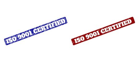 Flat vector ISO 9001 CERTIFIED imprints with scratched styles. Rounded Rectangle seals. Red and blue scratched seals with ISO 9001 CERTIFIED message inside rounded rectangle.のイラスト素材