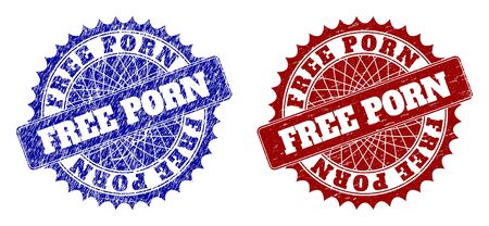 Rounded FREE PORN watermarks. Blue and red scratched watermarks with FREE PORN message inside rounded rosette. Flat vector watermarks with distress surfaces.のイラスト素材