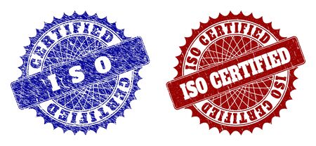 Rounded ISO CERTIFIED seal stamps. Blue and red scratched seal stamps with ISO CERTIFIED phrase inside rounded rosette. Flat vector watermarks with corroded surfaces.のイラスト素材