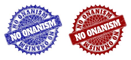 Rounded NO ONANISM seals. Blue and red distress stamps with NO ONANISM message inside round rosette. Flat vector watermarks with distress styles.のイラスト素材