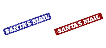 Flat vector SANTAS MAIL imprints with scratched textures. Rounded Rectangle seal stamps. Red and blue grunge seal stamps with SANTAS MAIL caption inside rounded rectangle.のイラスト素材