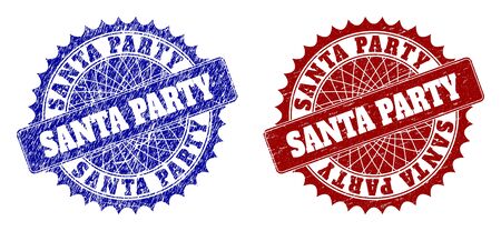 Round SANTA PARTY seal stamps. Blue and red grunge seals with SANTA PARTY caption inside round rosette. Flat vector imprints with grunge surfaces.のイラスト素材