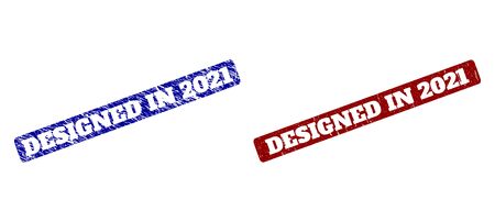 Flat vector DESIGNED IN 2021 rubber imitations with distress surfaces. Rounded Rectangle seal stamps. Red and blue grunge seal stamps with DESIGNED IN 2021 title inside rounded rectangle.のイラスト素材