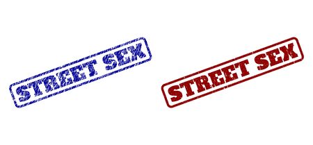 Rounded rectangle STREET SEX watermarks. Blue and red grunge watermarks with STREET SEX phrase inside rounded rectangle frame. Flat vector watermarks with unclean surfaces.のイラスト素材