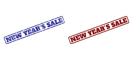 Rounded rectangle NEW YEARS SALE seals. Blue and red scratched stamps with NEW YEARS SALE caption inside rounded rectangle frame. Flat vector rubber imitations with scratched textures.のイラスト素材