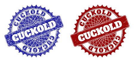 Rounded CUCKOLD watermarks. Blue and red distress seals with CUCKOLD caption inside rounded rosette. Flat vector imprints with distress textures.のイラスト素材